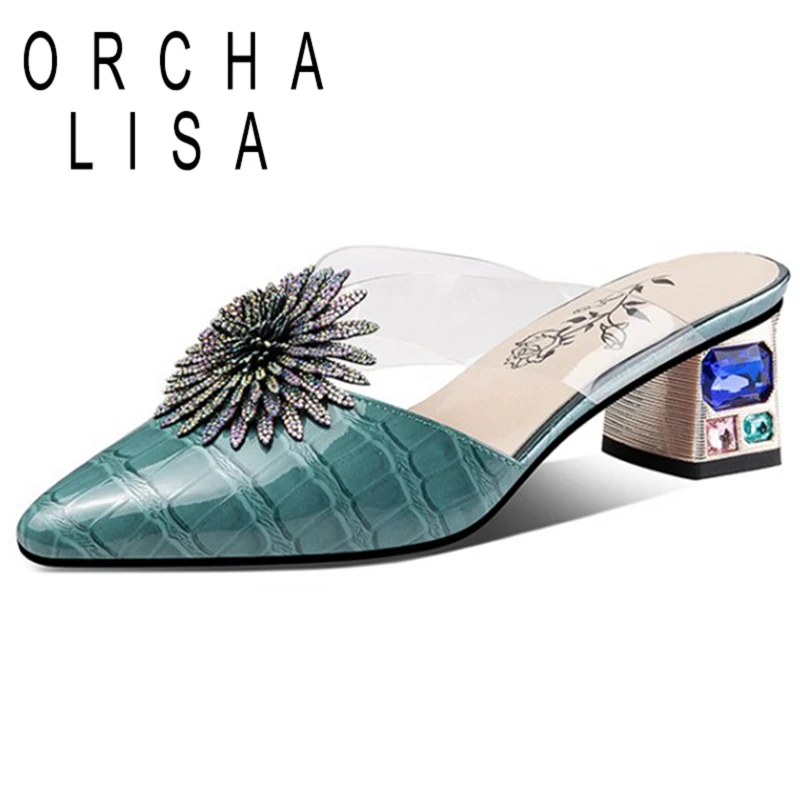 

ORCHA LISA 2021 Genuine Leather Rhinestone Ladies Slippers Alligator Texture Flowers Crystal Strange Heel 4.5cm US12 Blue A4235