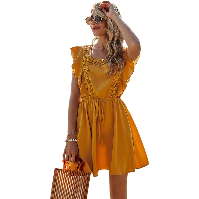 

CGC 2021 Vintage Women Dress Spring Solid Color High Waist Short Sleeve Lady Dress Bohemia Style Patchwork Sexy backless Blouses