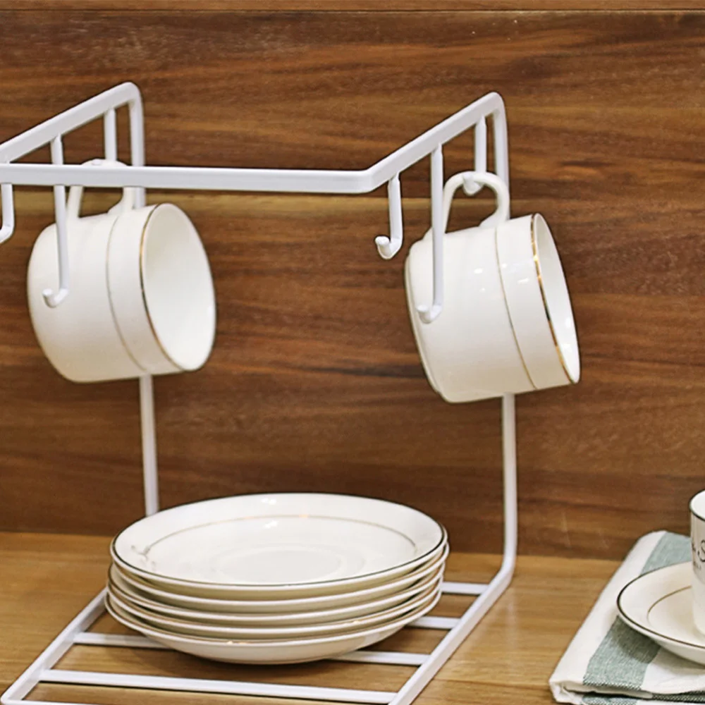 

Iron Art 6 Hooks Cup Rack Kitchen Desktop Cup Holder Rack Household Cup Storage Rack (White)