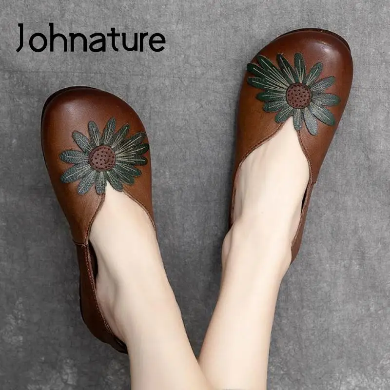 

Женские туфли на плоской подошве Johnature, из натуральной кожи с цветочным принтом, с круглым носком, ручной работы, в стиле ретро, весна-осень ...