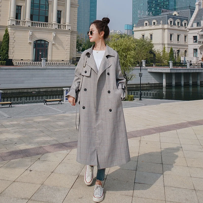 

NSMW MI New 2021spring Autumn Plaid Windbreaker Women Jacket Mid-Length Temperament Korean Loose Fashion Casual Trench F1