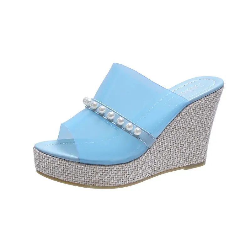 

Female Shoes Transparent Slippers Luxury Slides Women Heels Low Jelly Flip Flops On A Wedge 2021 Summer Designer High Beach