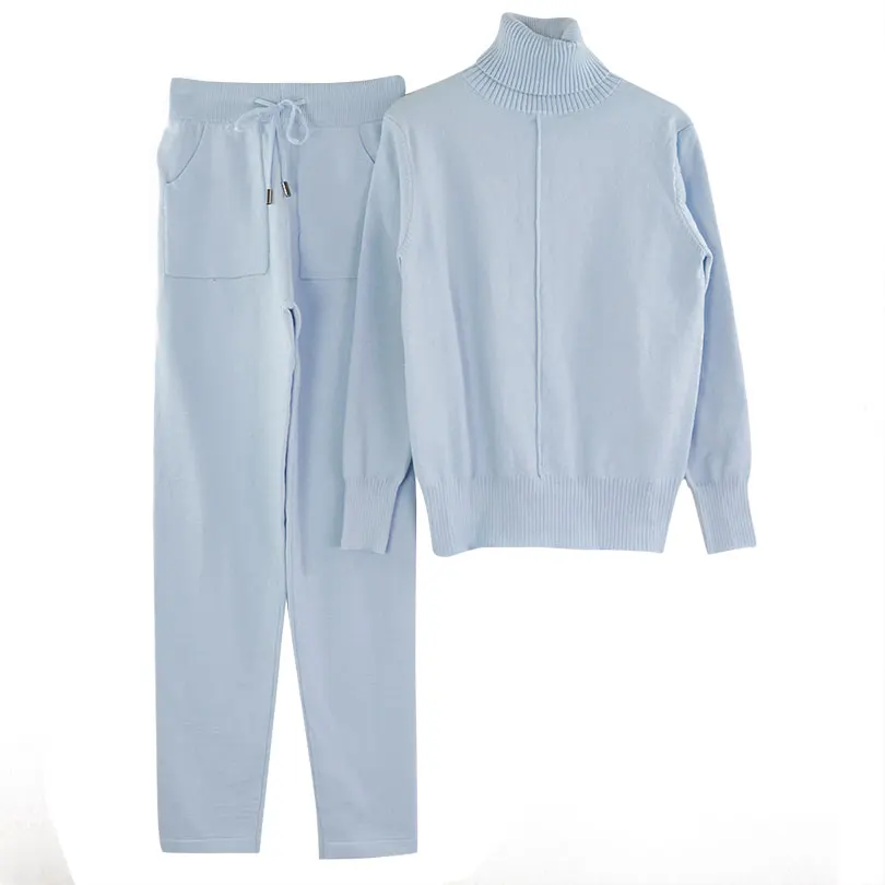 Light Blue Женский утепленный костюм-двойка MVGIRLRU, вязаный костюм с пуловером/свитером с линией посредине и высоким воротником и с брюками, костюмы для бега на весну - Цвет: Light Blue