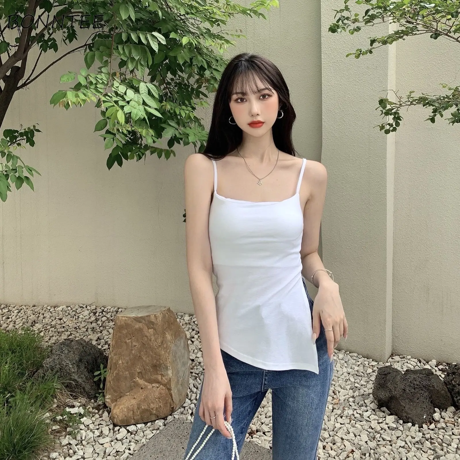 

Женская майка с открытой спиной, белая однотонная Простая модель, Уютный Тонкий Повседневный спагетти Ulzzang с Боковым Разрезом, универсальны...