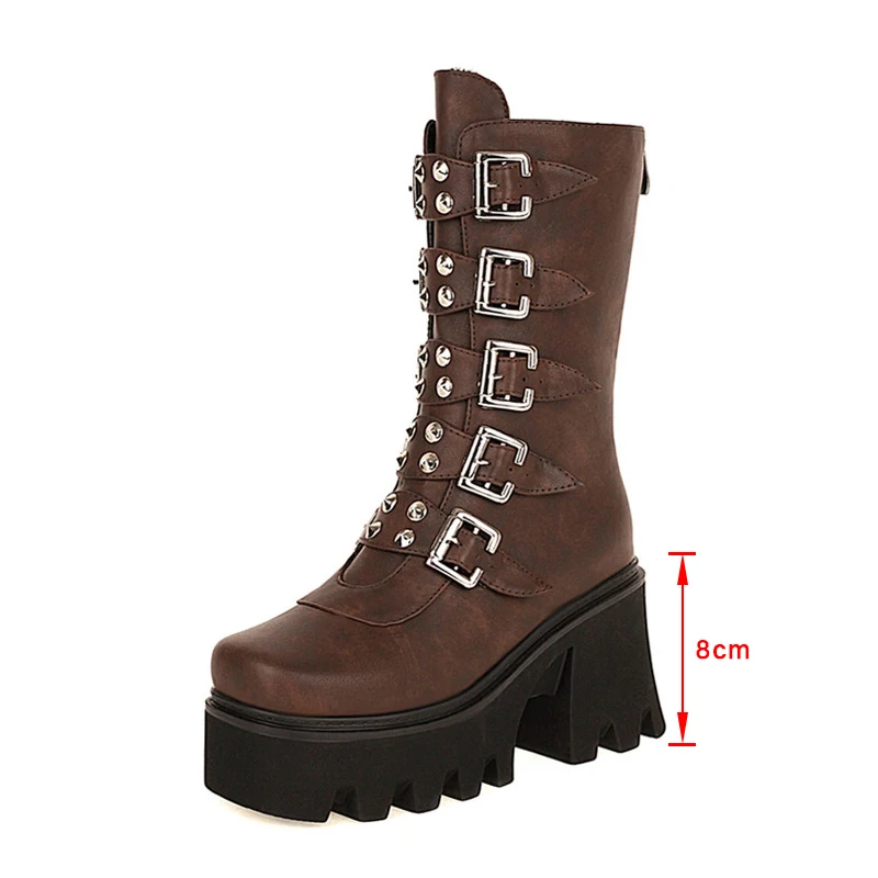 

Women Boots Mid-calf Boots Ladies Motorcycle Boots Thick Bottom Short Plush Zip Rivet Metal Buckle Fashion Winter Plus Size 2021