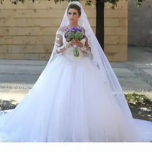 Ball Gown Wedding Dresses Classic Lace Long Sleeve White Illusion Neckline Bridal Gowns Robe de mariage Custom Made Princess