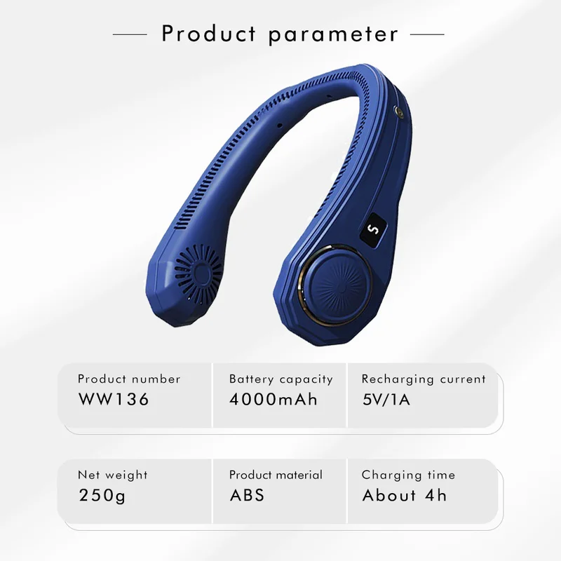 

Leafless Hanging Neck Small Fan Power Digital Display Portable Mini Usb Three-speed 4000mAH Rechargeable Small Electric Fan