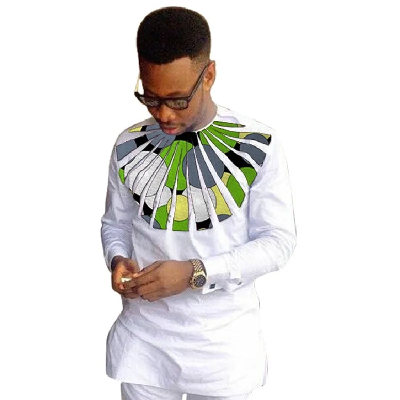 Африканская мода мужские рубашки с длинным рукавом Дашики Белый/восковый принт