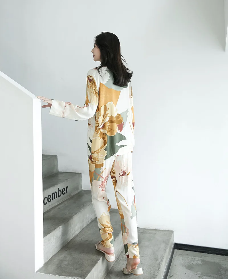 Autumn Ink Printing V-neck Long-sleeved and Long Trousers Suit Sleepwear for Ladies Large Size Cardigan Home Two-piece Clothes