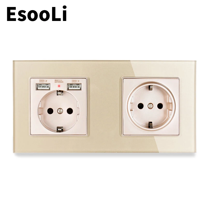 Esooli черная настенная розетка стандарта ЕС роскошная стеклянная панель с 2