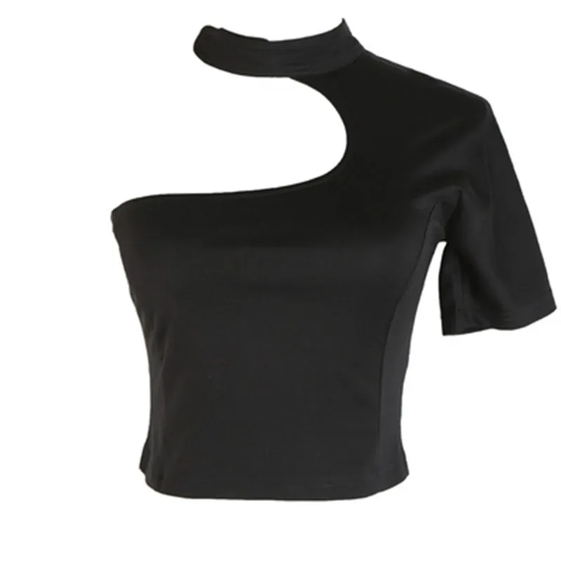 Off-the-shoulder High-waisted Short T-shirt Tide Niche Design Velcro Small Collar Knockout Unilateral Sleeve Female O-neck | Женская