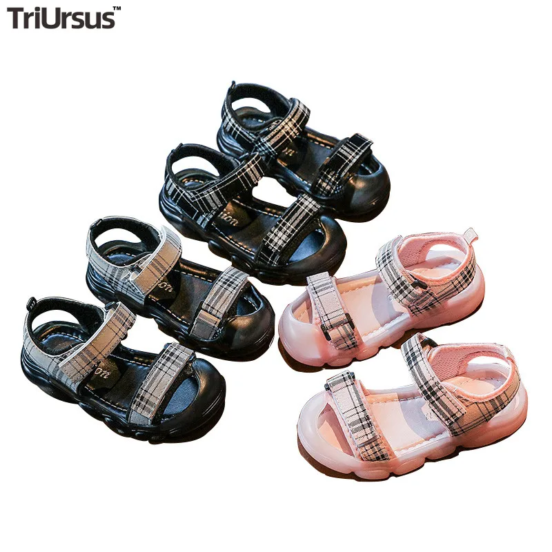 2020 детская летняя обувь для девочек из искусственной кожи Клетчатые сандалии