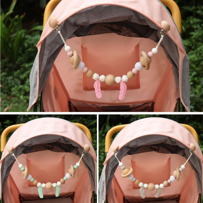 

Pram Chain with Clips Wooden Pram String Clips Mobile Pram Rattle Stroller Toys