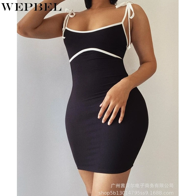 

WEPBEL Dress Women's Sexy Solid Color Stitching High Waist Dress Summer Lace-up Spaghetti Strap O-Neck Backless Slim Dress