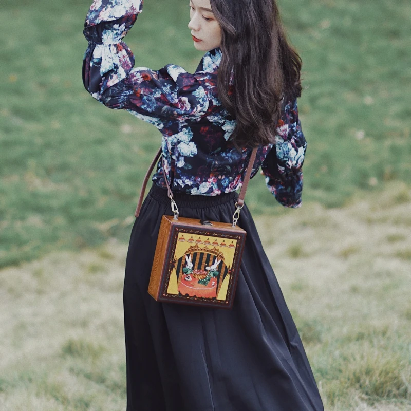 

Design original Wooden bag research eco friendly institute retro print rabbit handbag single shoulder bag diagonal bag