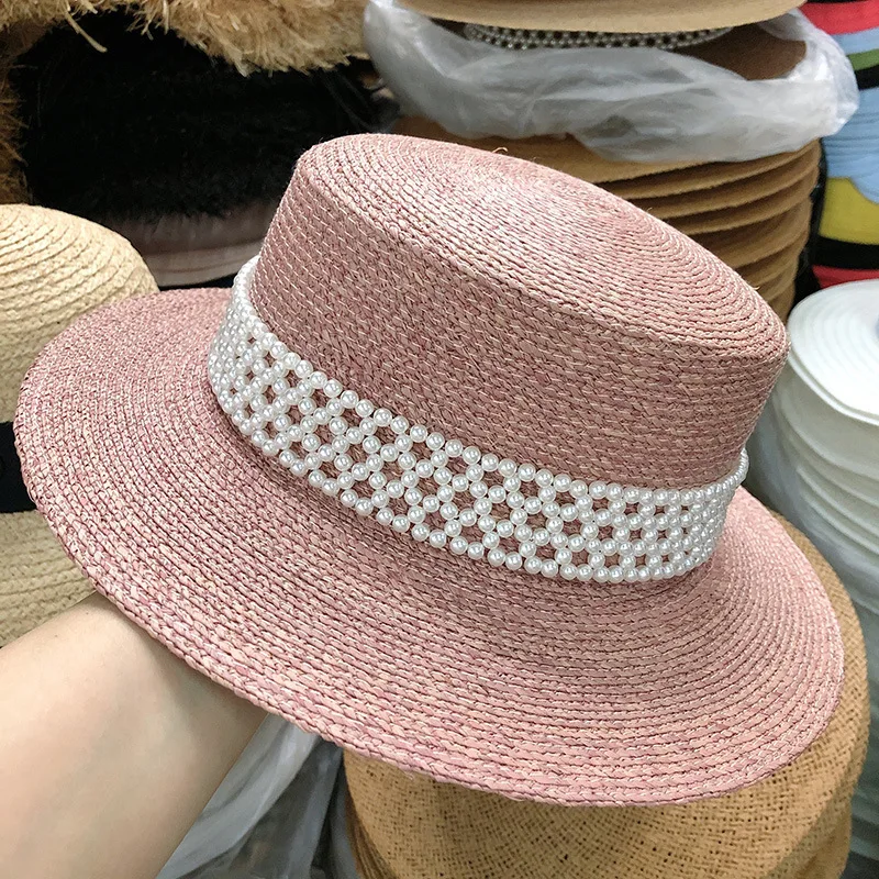 

2020 Summer Pearl Raffia Straw Cap Women Beach Hat Female Casual Panama Hat Lady Brand girls Flat brim Sun Hat Bone