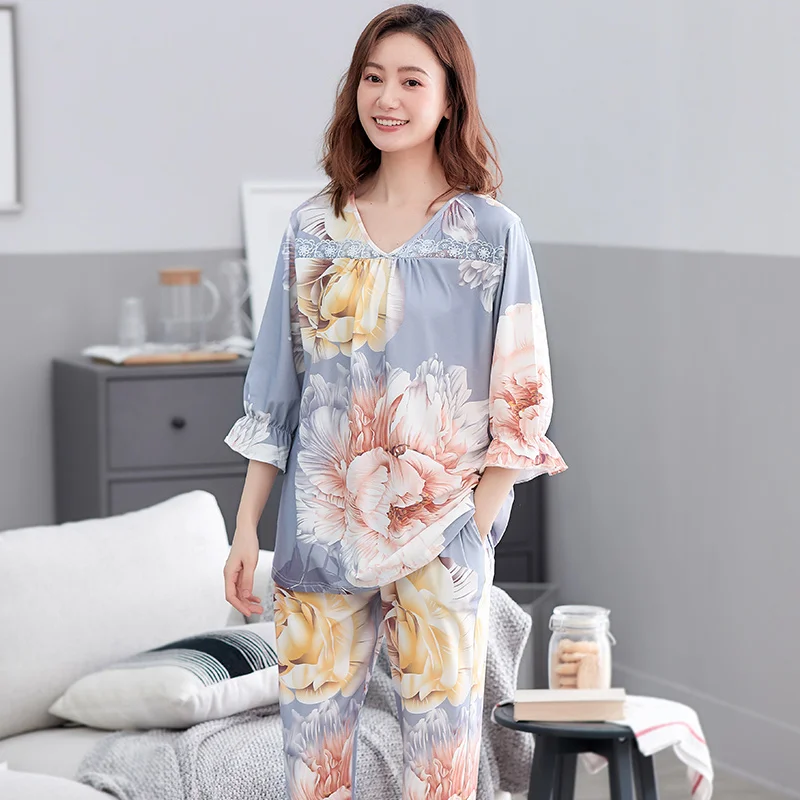 

Summer Modal Women Pajamas Print Pijama Mujer V-neck Sleepwear Plus Size M-3XL Loose Casual Soft Female Pyjamas