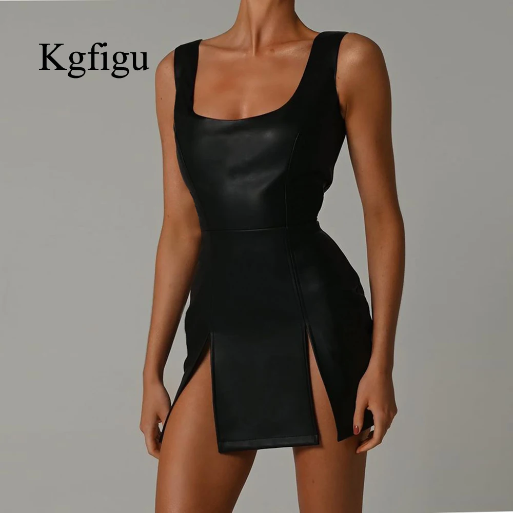 

KGFIGU PU платья для женщин 2021 летние новые сексуальные черные кожаные мини-платья на бретельках с квадратным вырезом и вилкой