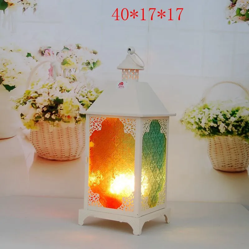 

Retro iron art, wind lamp, decoration, European style creativity, colored glass candlestick