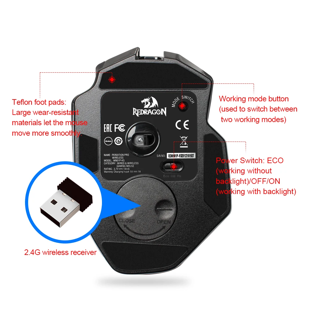 REDRAGON M901P-KS Perdiction Elite RGB USB 2 4G Беспроводная игровая мышь 16000DPI 19 кнопок