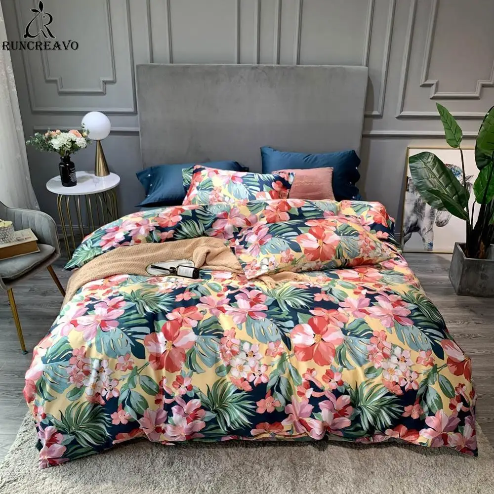 

Green Leaves Pink Flowers Nordic Egyptian Cotton Bedding Set Queen King Size Bedlinens Fitted Sheet Duvet Cover Set