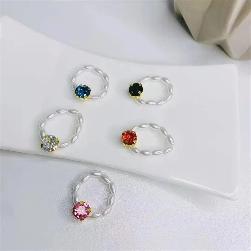 

Luxury Shiny Rhinestone Pearl beads Ring Elegant Handmade Beaded Colorful Crystal Round Middle Finger Ring For Women jewelry
