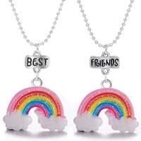 kids fashion 2 piecesset of rainbow pendant necklace stitching best friend style necklace bff silver color chain good friends