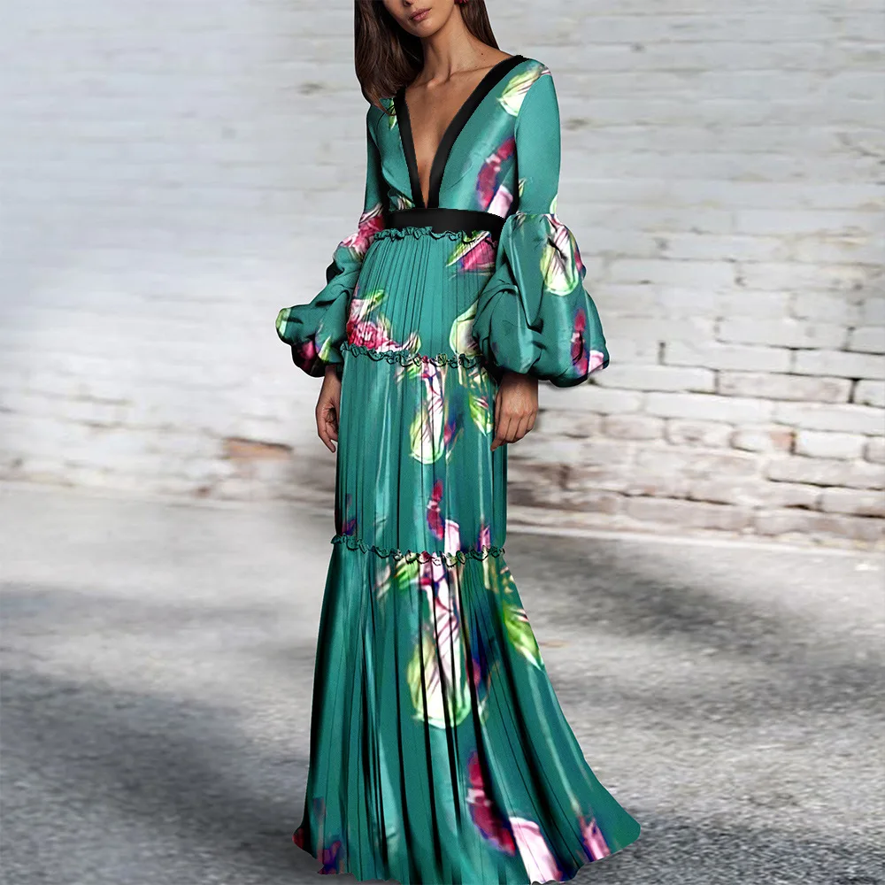 

Fall 2020 Women's Printed Sexy Deep V-neck Lantern Long Sleeve High Waist Ruffled Pleated Dress Casual Commute Clothes