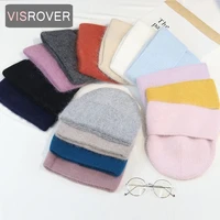 visrover 15 colors solid rabbit fur beanies winter hat for woman best matched acrylic woman autumn warm skullies gift wholesales