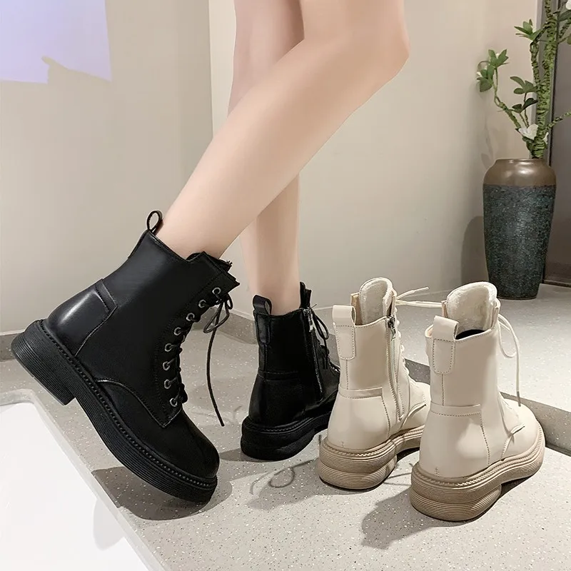Beige black plush warm fur ankle boots women's 2022 fall/winter motorcycle boots thick-soled gothic shoes women's combat boots