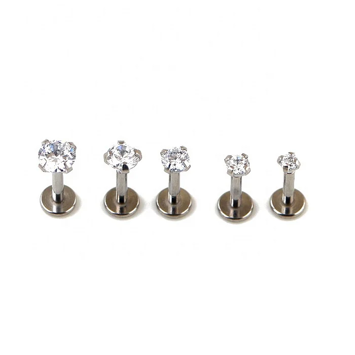 

18 Gauge Surgical Steel Internally Threaded Labret With Prong Set Cz Stone Piercing Labret