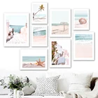 Розовый Эгейский пляж волна ракушка Пальма настенное Искусство Холст Картина скандинавские плакаты и принты настенные картины для декора гостиной