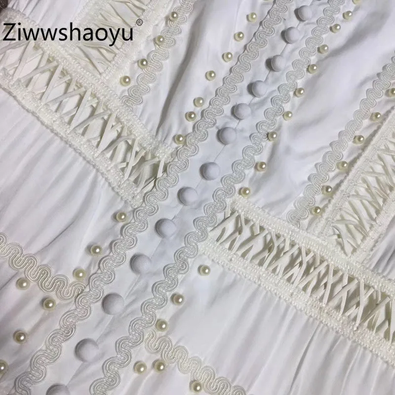 Ziwwshaoyu/высококачественное осенне-зимнее Брендовое короткое платье женские однобортные белые платья с длинным рукавом и отделкой из бус