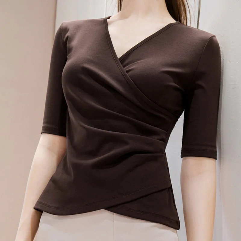 

High Count Cotton T-Shirt Women Korean Half Sleeve Casual Elegant Chic Female Pullover Summer Sexy V-Neck Slim Elastic Girls Top