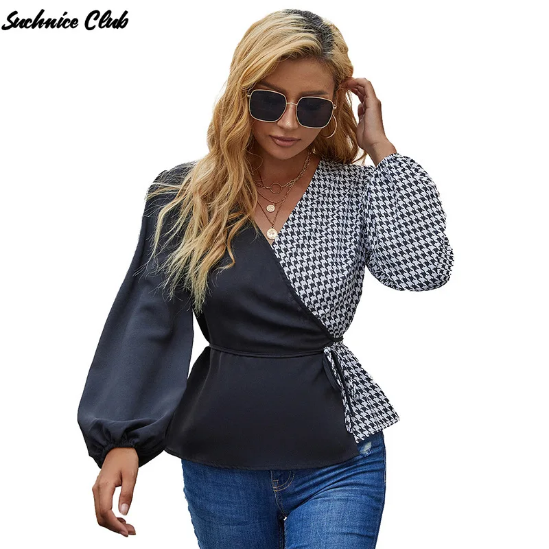 

Stitching Plaid V-neck Top 2021 Autumn and Winter Women's Tie Waist Puff Sleeve Long-sleeved T-shirt