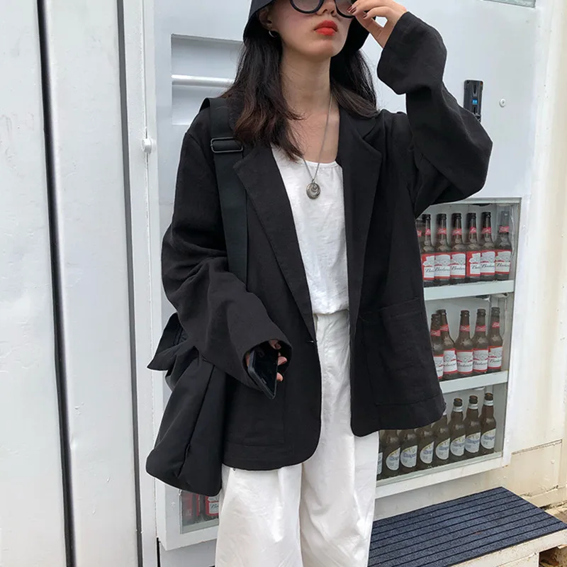 Женский льняной блейзер с длинным рукавом однотонный черный повседневный пиджак