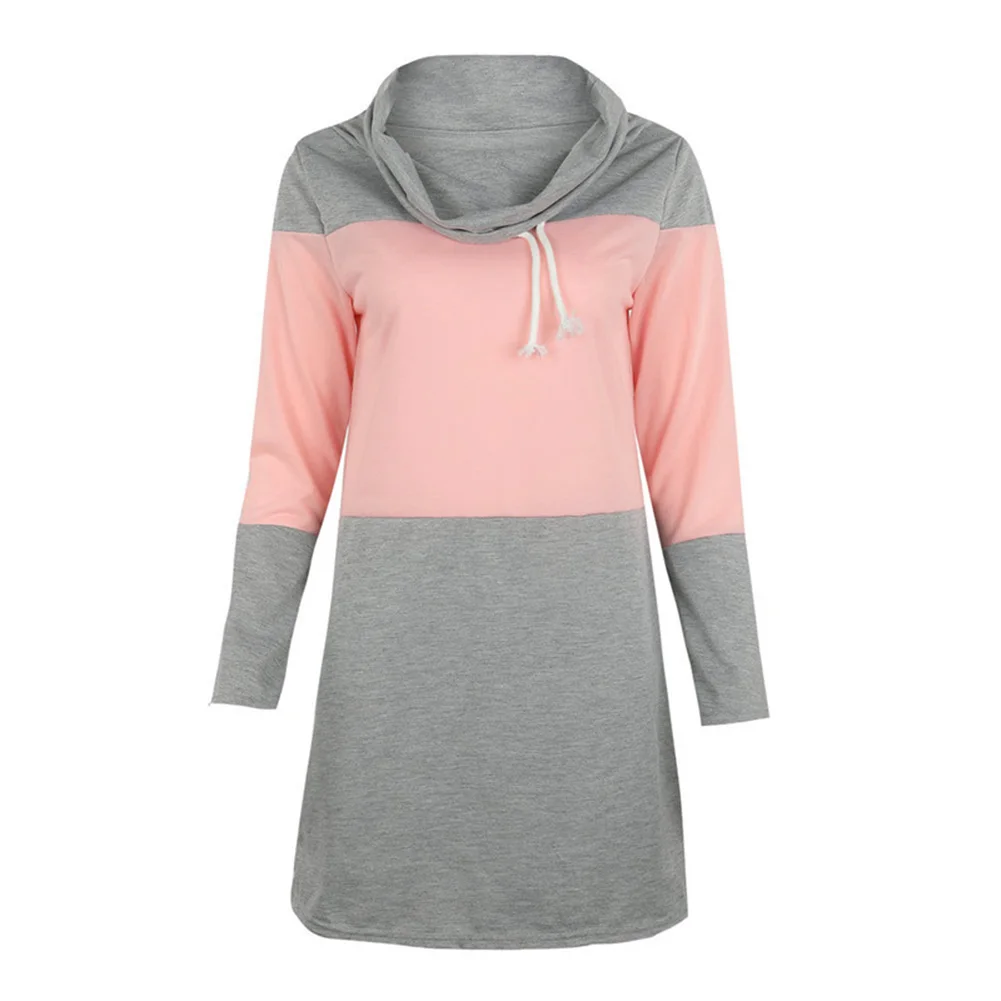 

Fashion Women Autumn Color Block Drawstring Hooded Dress Pocket Long Sweatshirt