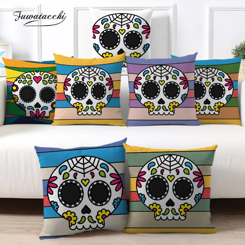 

Fuwatacchi Cartoon Stripe Cushion Cover Cute Skull Pillow Cover Pillowcase Home Decor Car Sofa Chair Coushion Pillowcover 45X45