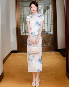 Women Chinese Style Evening Party Dress Elegant Vintage High Split Qipao Short Sleeve Print Long Cheongsam Vestidos Oversize 4XL