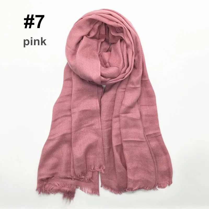 7 pink Одноцветный хлопковый мусульманский хиджаб шарф длинная мягкая шаль короткая кисточка Женская бахрома платок Исламская повязка на голову тюрбан 90x180 см - Цвет: 7 pink
