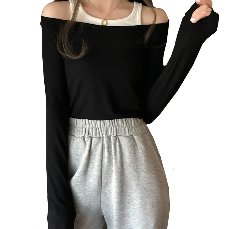 

Long Sleeve T-shirt Female Autumn and Winter New Style Slim Fit Slimming off-the-Shoulder Stitching Mock Two-Piece Top Versitile