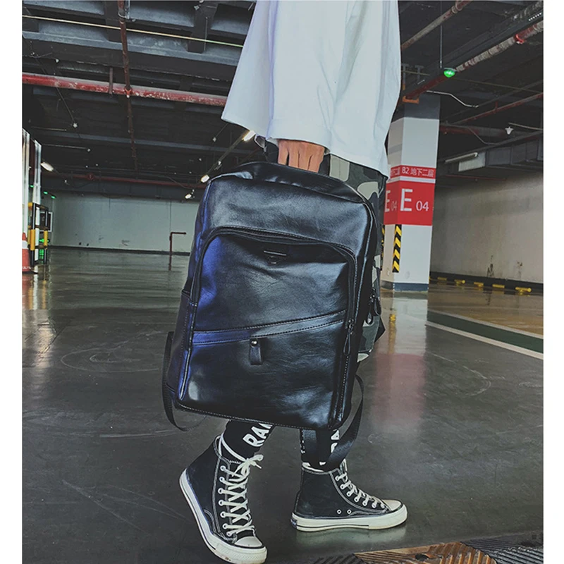 

Pu Leather Men Backpack Vintage brown Large Waterproof Back Pack School High Student Preppy Style Backbag 2020 Solid Simple