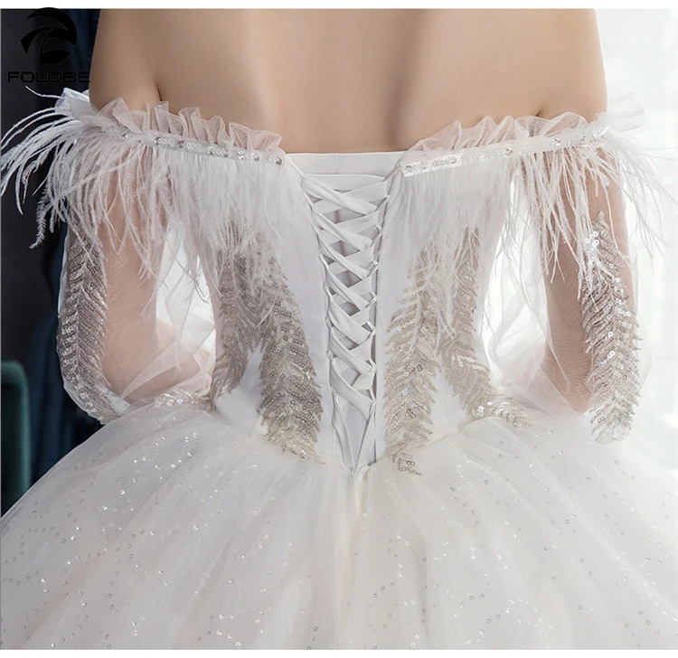 

Off the shoulder elegant long train wedding dress 3/4 sleeve feathers sequins tulle bridal wedding gowns vestido de noiva 2020