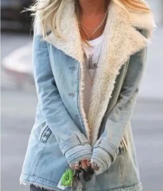 Women 's Clothing Autumn and Winter Plus Velvet Thick Warm Cotton Jacket Solid Color Long Sleeve Coat Female