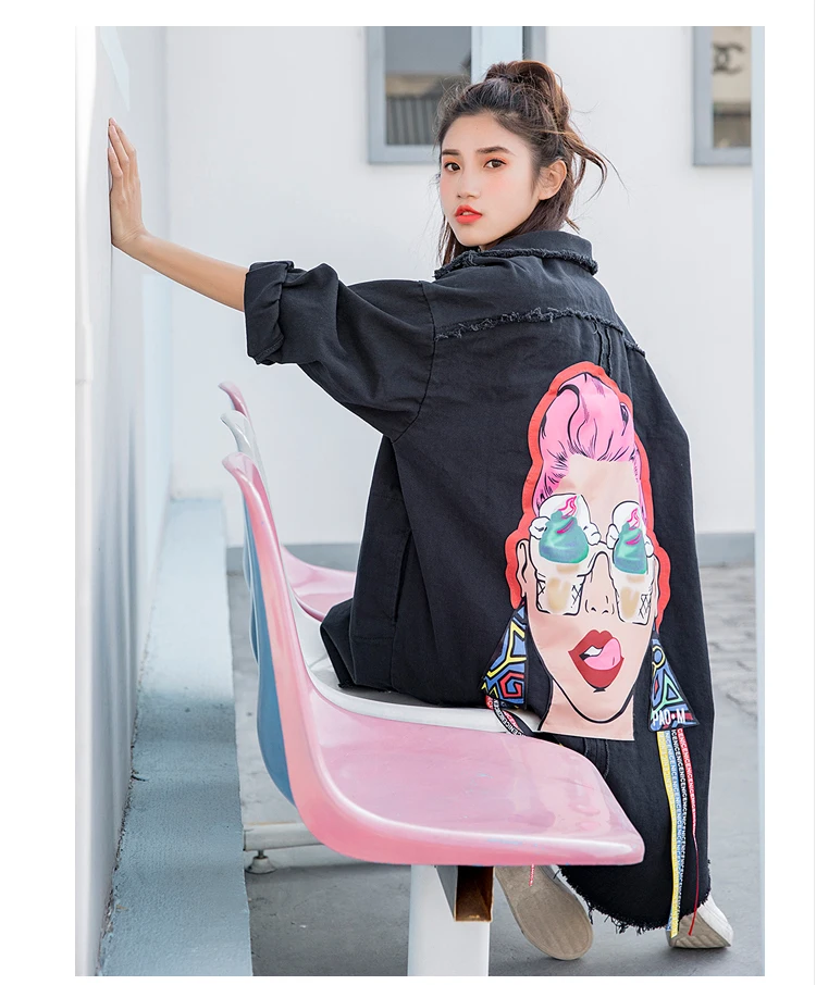 Boyfriend Casual Denim Jacket Woman Loose Coat Vintage Pattern Korea Print Windbreaker Chaqueta Mujer Harajuku Befree Vadim
