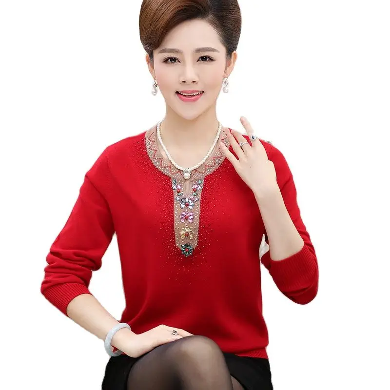 

2017 Autumn Winter Plus Size Middle-Aged Mothe Pullover Sweater Long-Sleeved Diamond High Quality Sweater For Women X470