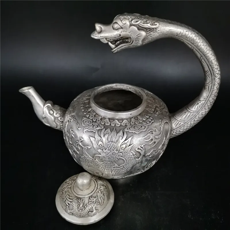 Винный горшок в форме дракона тибетский серебряный резной год | Дом и сад