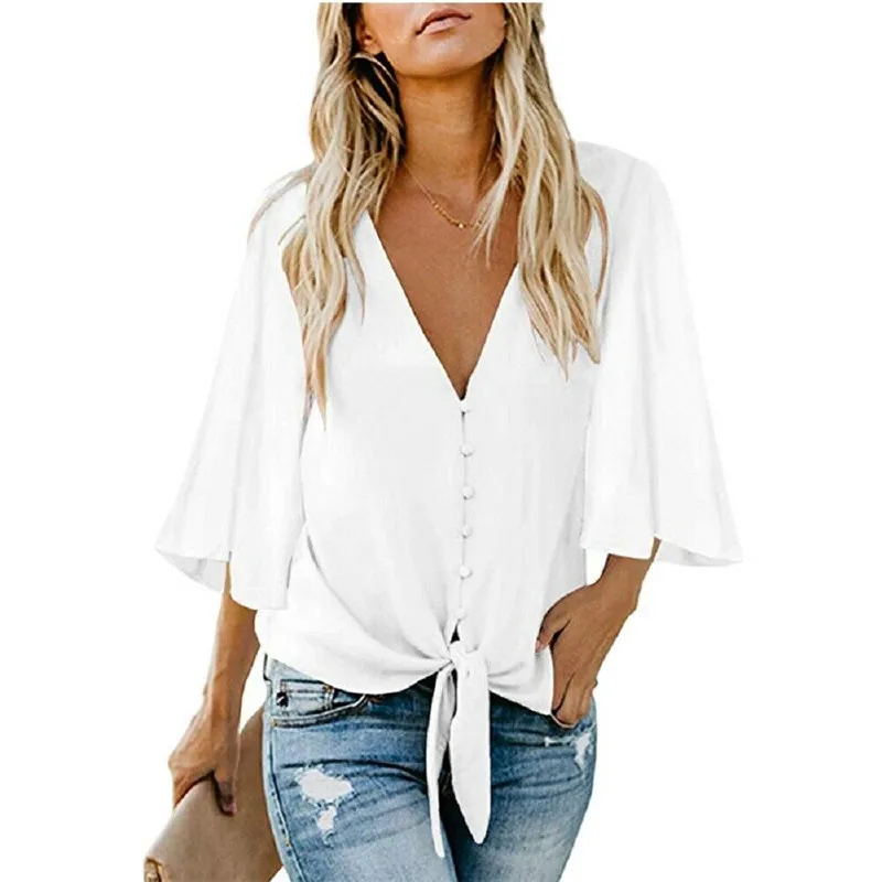 

New Bandage Solid Color Women's Ladies Shirts Summer Long Sleeve Shirt Loose Casual Blouse Tops Shirt