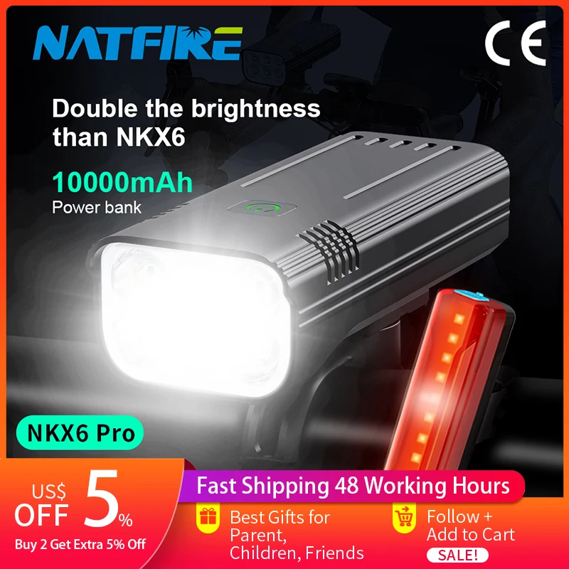 

NATFIRE NKX6 Pro Bike Front Light 10000 mAh Bike Light with Gopro Bracket USB Rechargeable Headlamp LED Bicycle Flashlight
