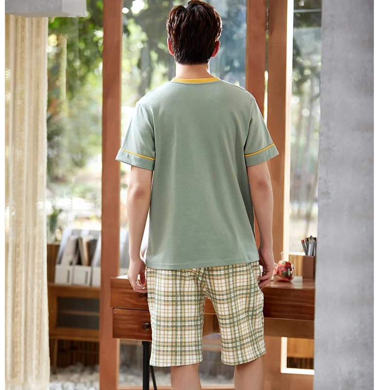 Мужская домашняя одежда с коротким рукавом костюм Летние повседневные клетчатые